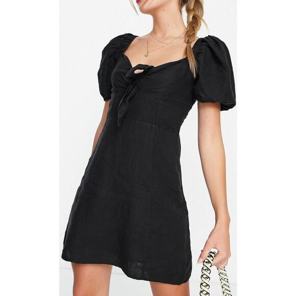 And Other Stories Short Black Linen Mini Bow Knot Dress Sz 6 Eur 38 Smocked Back - Picture 1 of 8